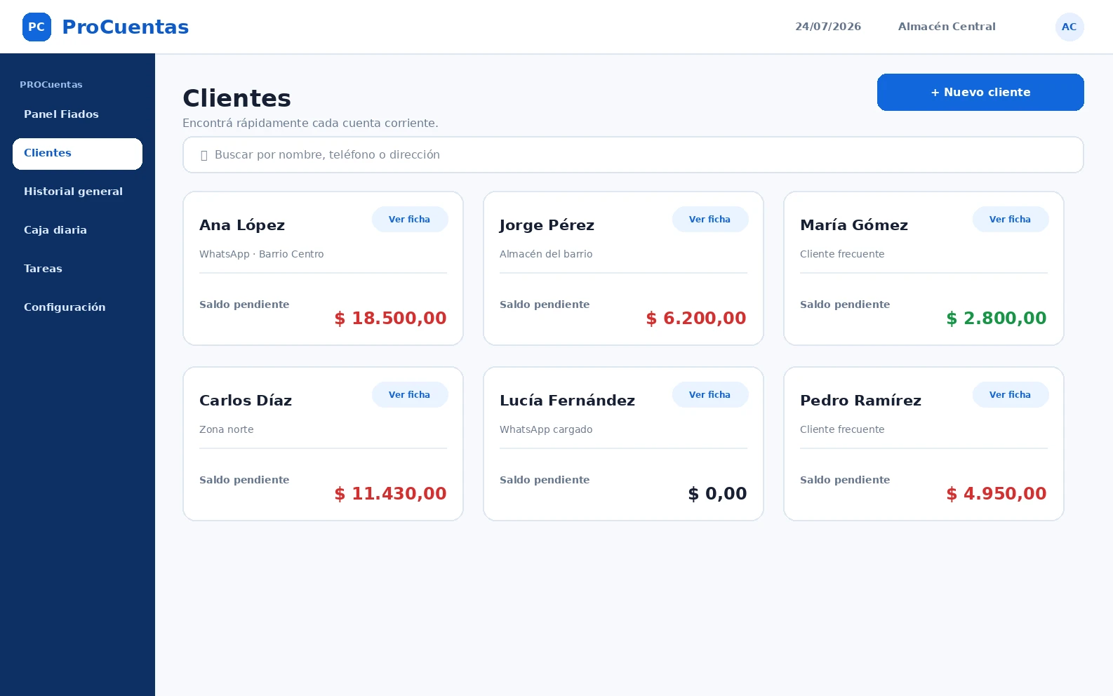 Pantalla simulada de clientes de ProCuentas adaptada al dispositivo