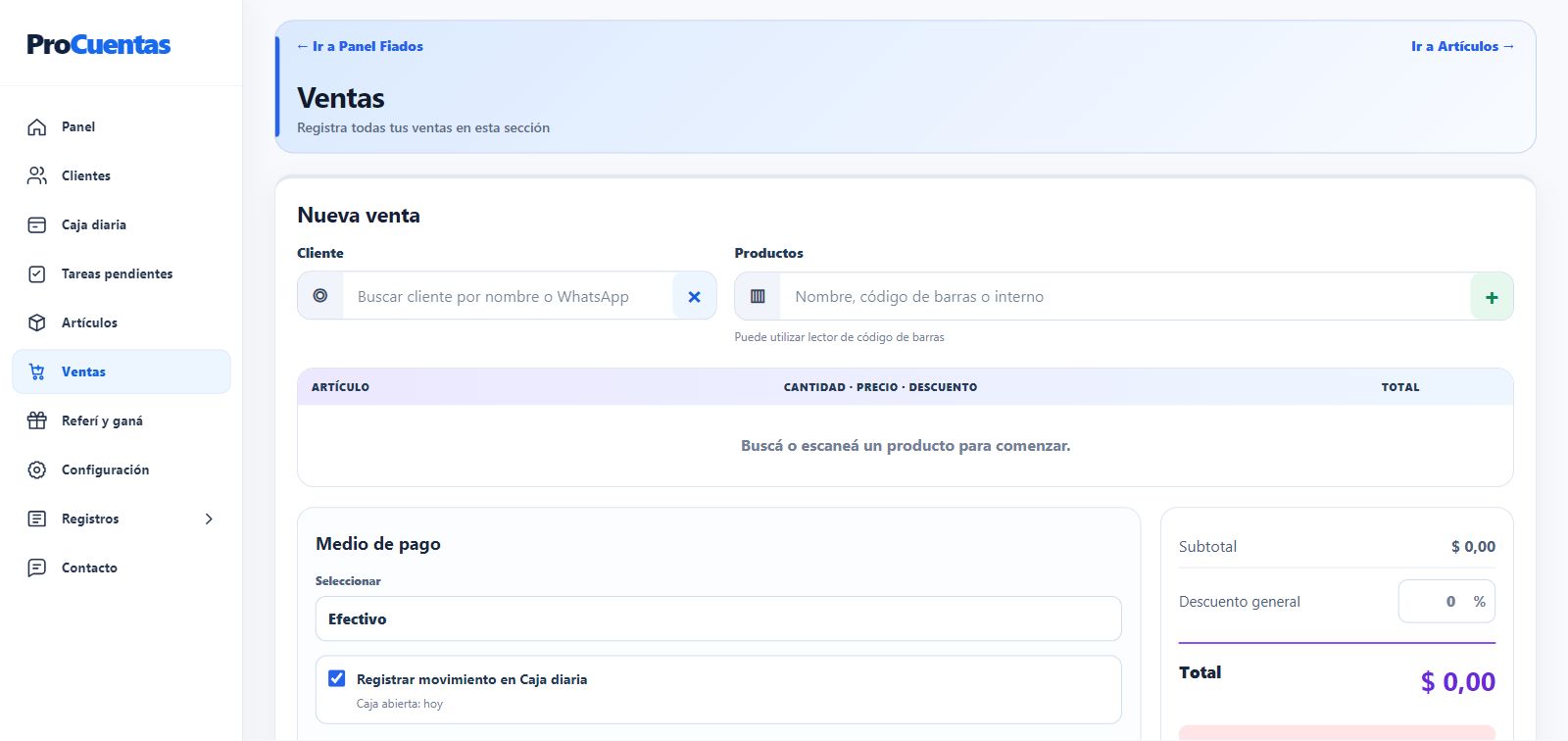Pantalla real de ventas de ProCuentas