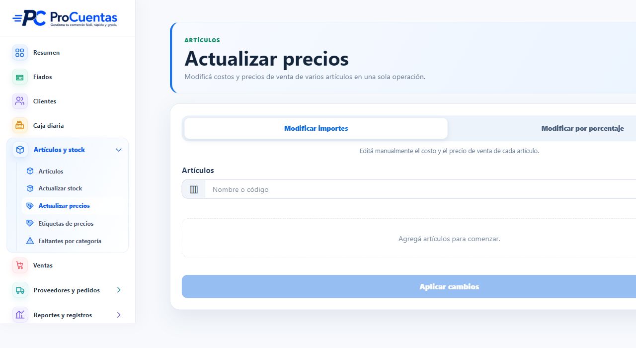 Pantalla actual para modificar costos y precios de venta en ProCuentas