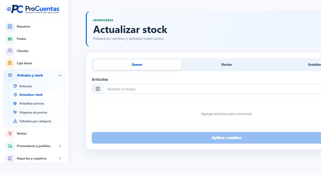 Pantalla actual para actualizar el stock de varios artículos en ProCuentas