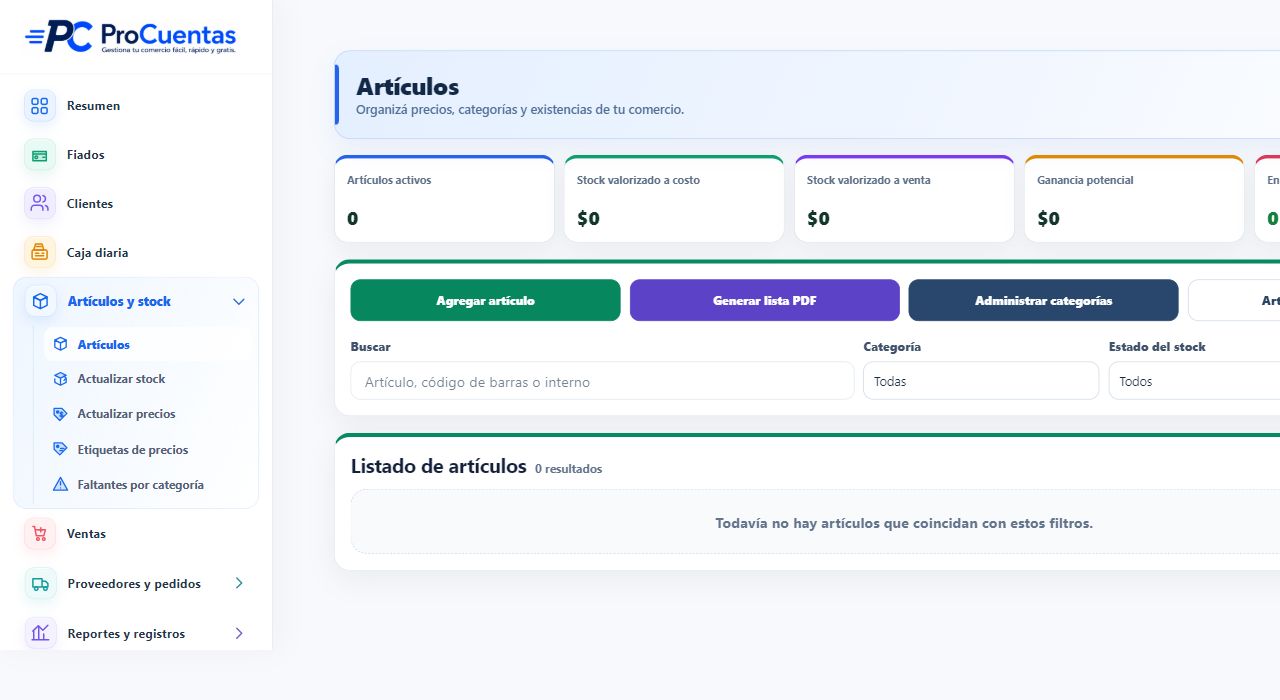 Pantalla actual de artículos y stock de ProCuentas