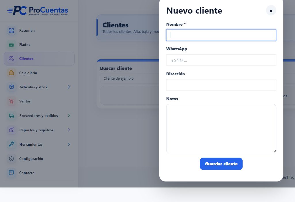 Pantalla actual para registrar y administrar clientes en ProCuentas