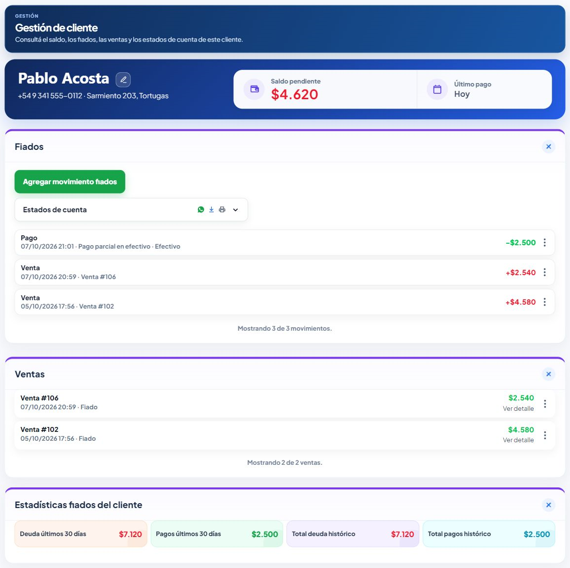 Ficha real y completa de un cliente con saldo y movimientos de cuenta corriente