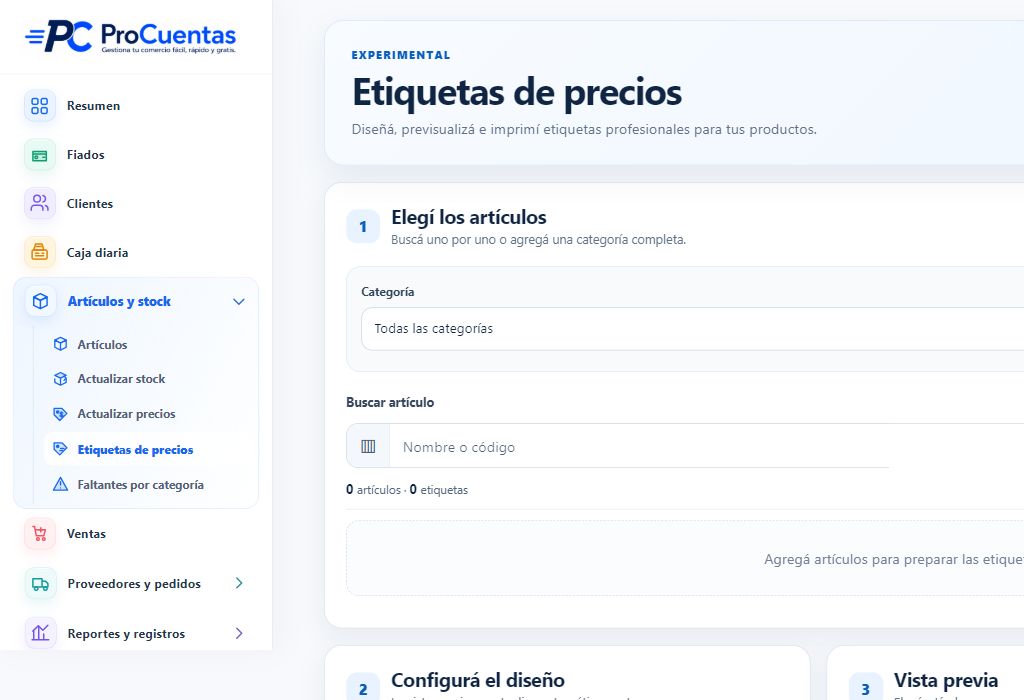 Pantalla actual para crear etiquetas de precios imprimibles