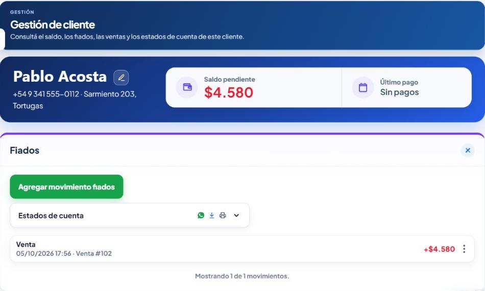 Ficha real de un cliente con saldo y movimiento de cuenta corriente