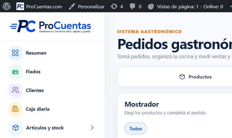 Pantalla actual del sistema de Pedidos Gastronómicos de ProCuentas