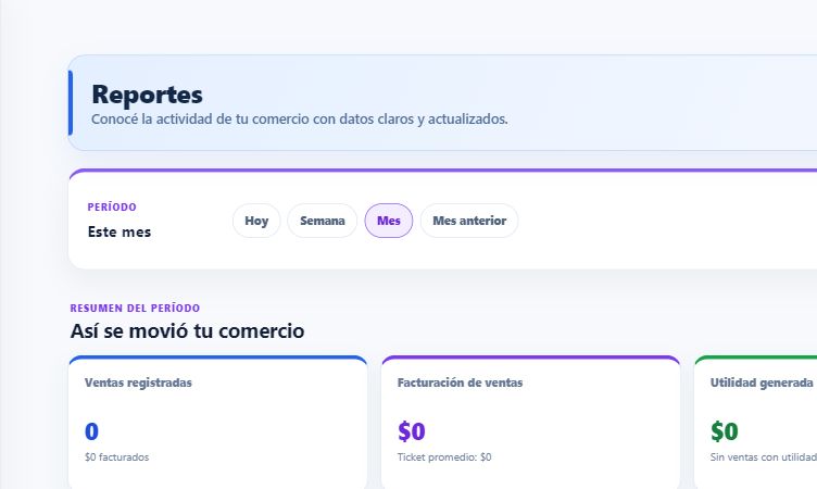 Pantalla actual de reportes e indicadores del comercio en ProCuentas