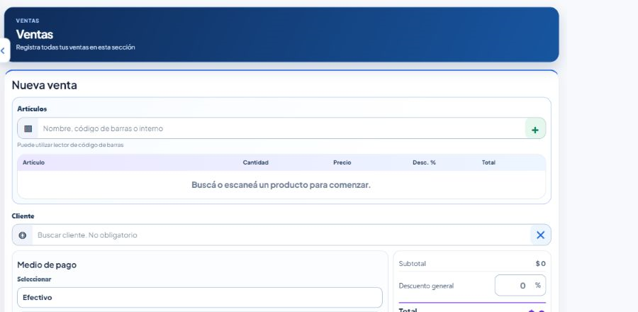 Pantalla actual de Venta en oficina para registrar una operación y preparar el comprobante
