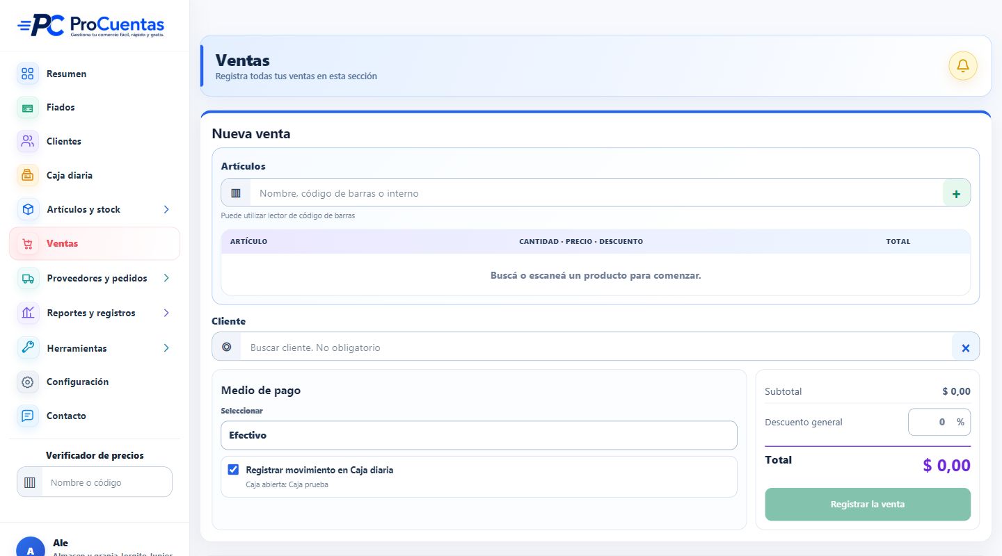 Pantalla actual de ventas de ProCuentas