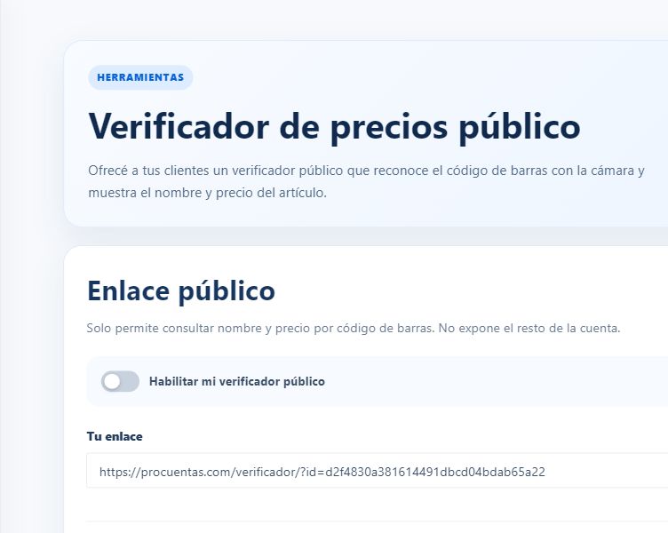 Pantalla actual de configuración del verificador de precios público de ProCuentas
